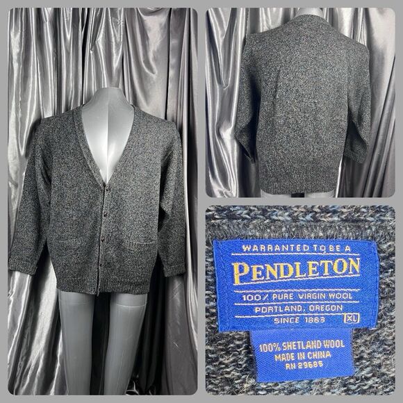 VTG Pendleton Men's XL Wool Cardigan Sweater Shetland Virgin Gray Tweed Grandpa - Picture 1 of 14
